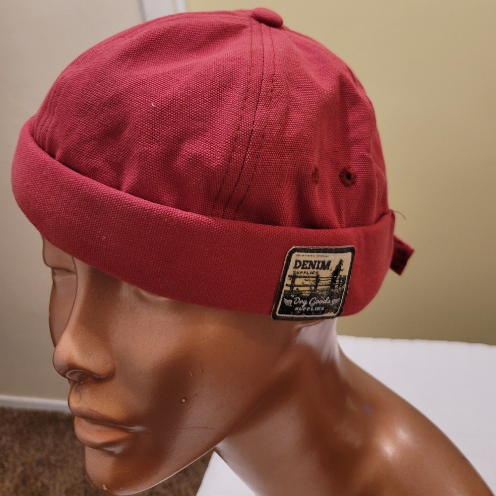 Denim Supplies Mens Red Cotton Canvas Brimless Docker Cap Miki Hat Adjustable
